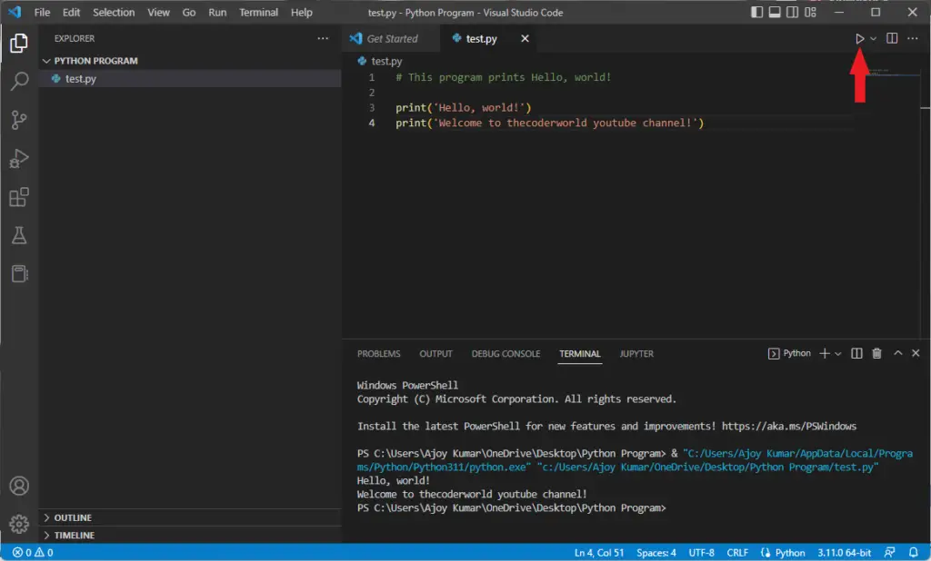 Screenshot Showing to Run Python Program on Visual Studio Code
