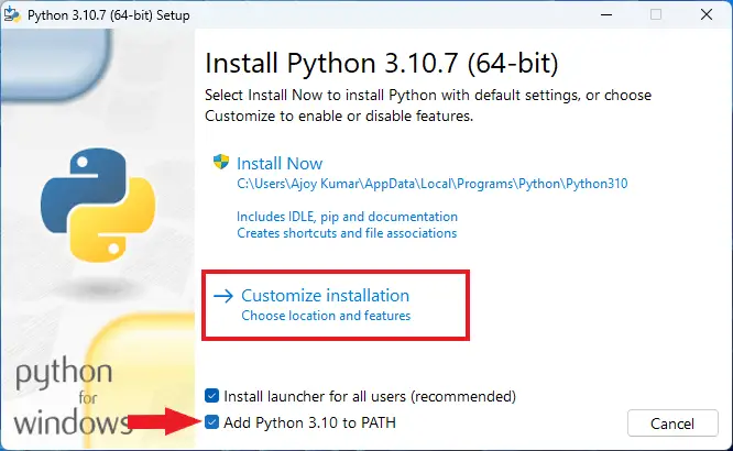 Selecting Customize Installation Option on Python Installation Window