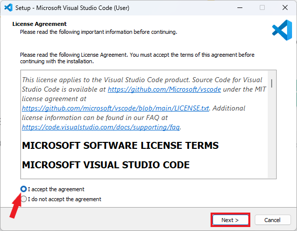 Visual Studio Code Setup Window